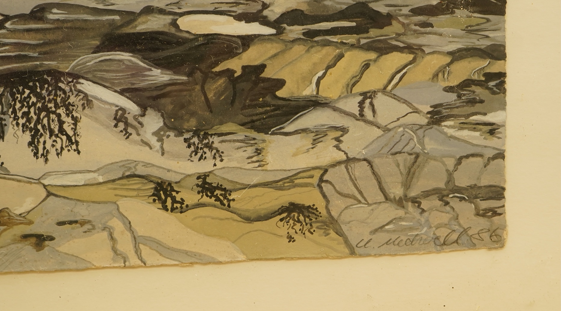 Cornish School, Woman before cliffs, indistinctly signed and dated ‘86, watercolour and gouache, 49 x 77cm